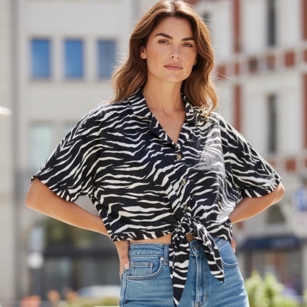 Topshop Zebra Print Tie Front Button Down Shirt Animal Print Safari 90s Y2K US 4